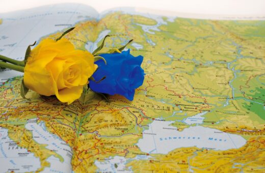 Blauwe en gele roos op landkaart met Oekraïne