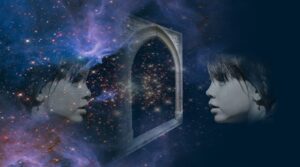spiegelbeeld van kind in heelal